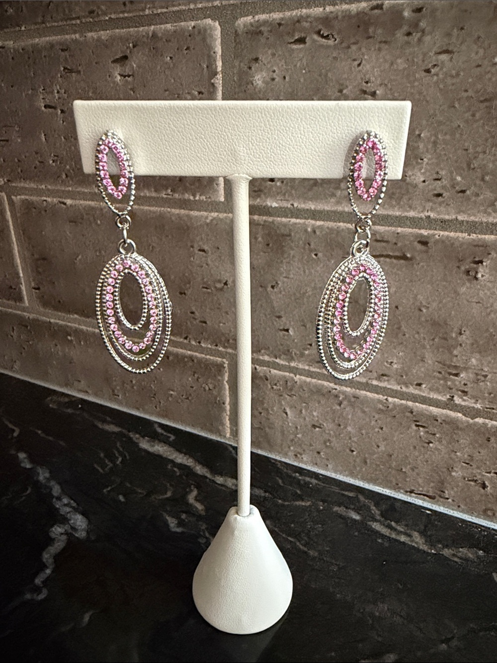 Silver Drop Earrings with Pink Crystals Cocktail Evening Fashion Earrings